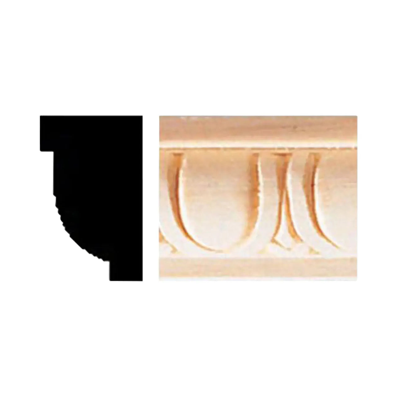 A profile diagram and photo of the Go Build 5/8 in. x 1 in. x 8 ft. Hardwood Egg and Dart Moulding, featuring a carved egg-and-dart pattern, are displayed side by side on a white background.